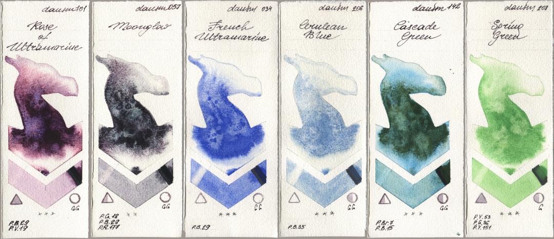Daniel Smith 101 Rose of Ultramarine, 057 Moonglow, 034 French Ultramarine, 206 Cerulean Blue, 142 Cascade Green, 208 Spring Gre watercolor swatch