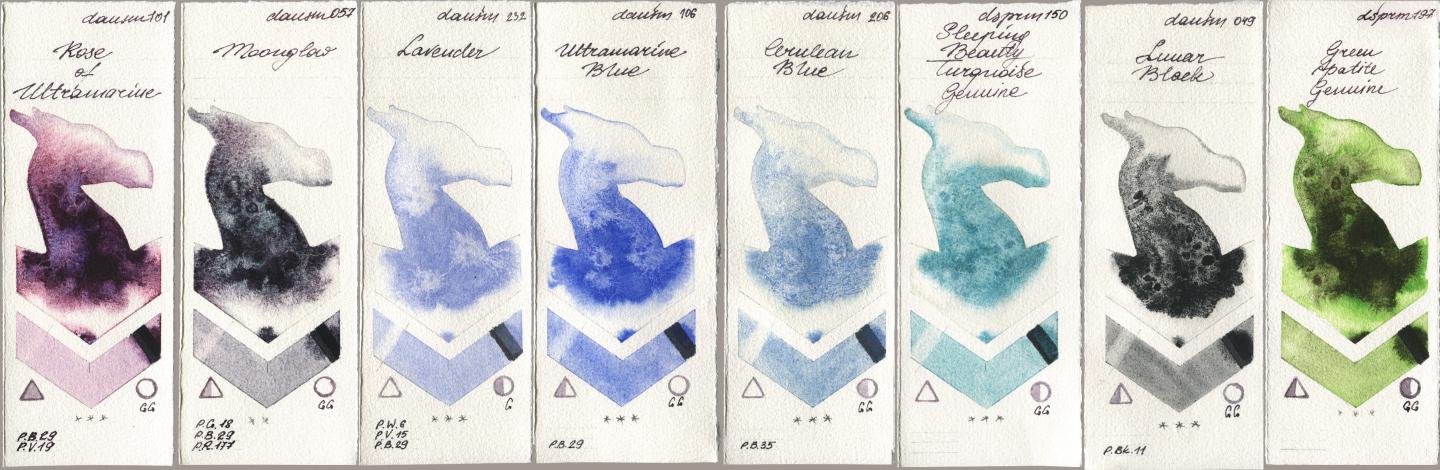 Daniel Smith 101 Rose of Ultramarine, 057 Moonglow, 232 Lavender, 106 Ultramarine Blue, 206 Cerulean Blue, 150 Sleeping Beauty Turquoise Genuine, 049 Lunar Black, 197 Green Apatite Genui watercolor swatch