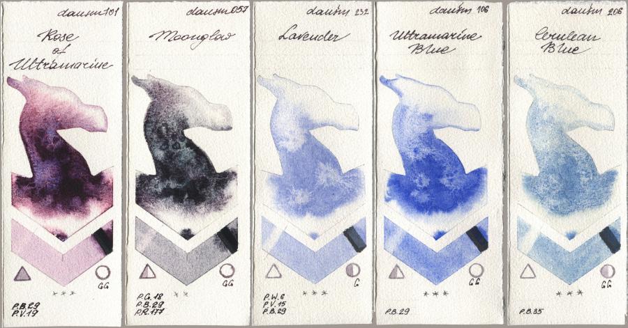 Daniel Smith 101 Rose of Ultramarine, 057 Moonglow, 232 Lavender, 106 Ultramarine Blue, 206 Cerulean Bl watercolor swatch