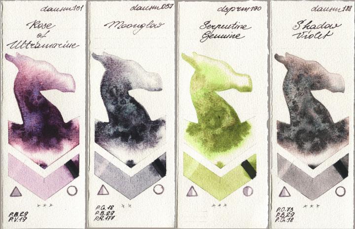 Daniel Smith 101 Rose of Ultramarine vs 057 Moonglow vs 190 Serpentine Genuine vs 188 Shadow Violet watercolor swatch