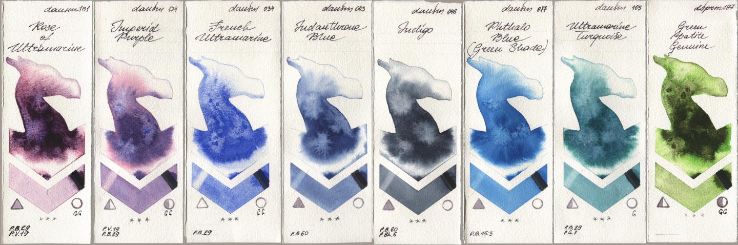 Daniel Smith 101 Rose of Ultramarine, 174 Imperial Purple, 034 French Ultramarine, 043 Indanthrone Blue, 046 Indigo, 077 Phthalo Blue (Green Shade), 105 Ultramarine Turquoise, 197 Green Apatite Genui watercolor swatch