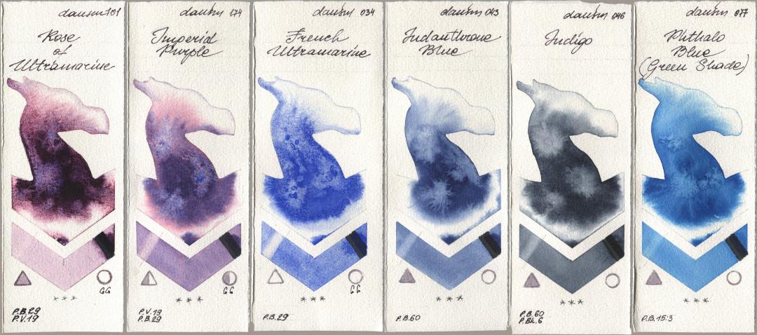 Daniel Smith 101 Rose of Ultramarine, 174 Imperial Purple, 034 French Ultramarine, 043 Indanthrone Blue, 046 Indigo, 077 Phthalo Blue (Green Shad watercolor swatch