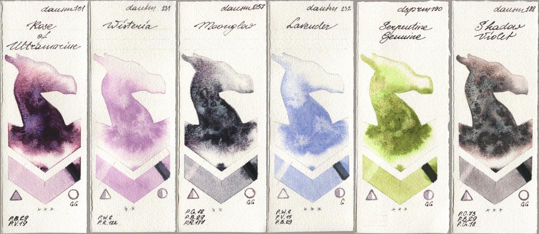 Daniel Smith 101 Rose of Ultramarine, 231 Wisteria, 057 Moonglow, 232 Lavender, 190 Serpentine Genuine, 188 Shadow Viol watercolor swatch