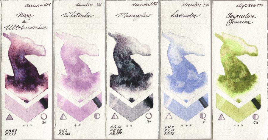 Daniel Smith 101 Rose of Ultramarine, 231 Wisteria, 057 Moonglow, 232 Lavender, 190 Serpentine Genui watercolor swatch