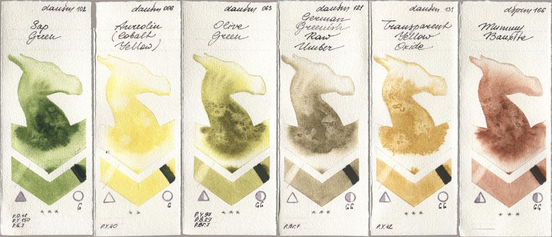 Daniel Smith 102 Sap Green, 006 Aureolin (Cobalt Yellow), 063 Olive Green, 121 German Greenish Raw Umber, 131 Transparent Yellow Oxide, 166 Mummy Bauxi watercolor swatch