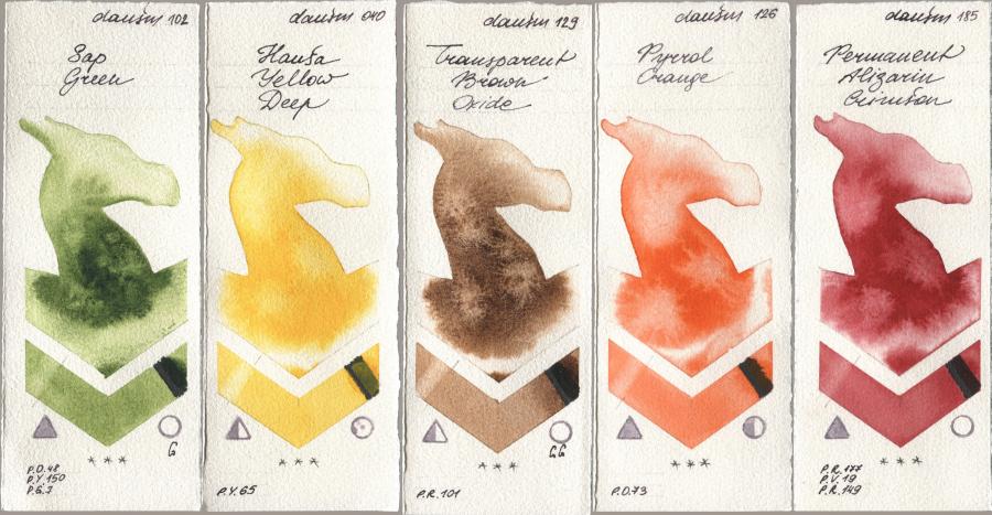 Daniel Smith 102 Sap Green, 040 Hansa Yellow Deep, 129 Transparent Brown Oxide, 126 Pyrrol Orange, 185 Permanent Alizarin Crims watercolor swatch