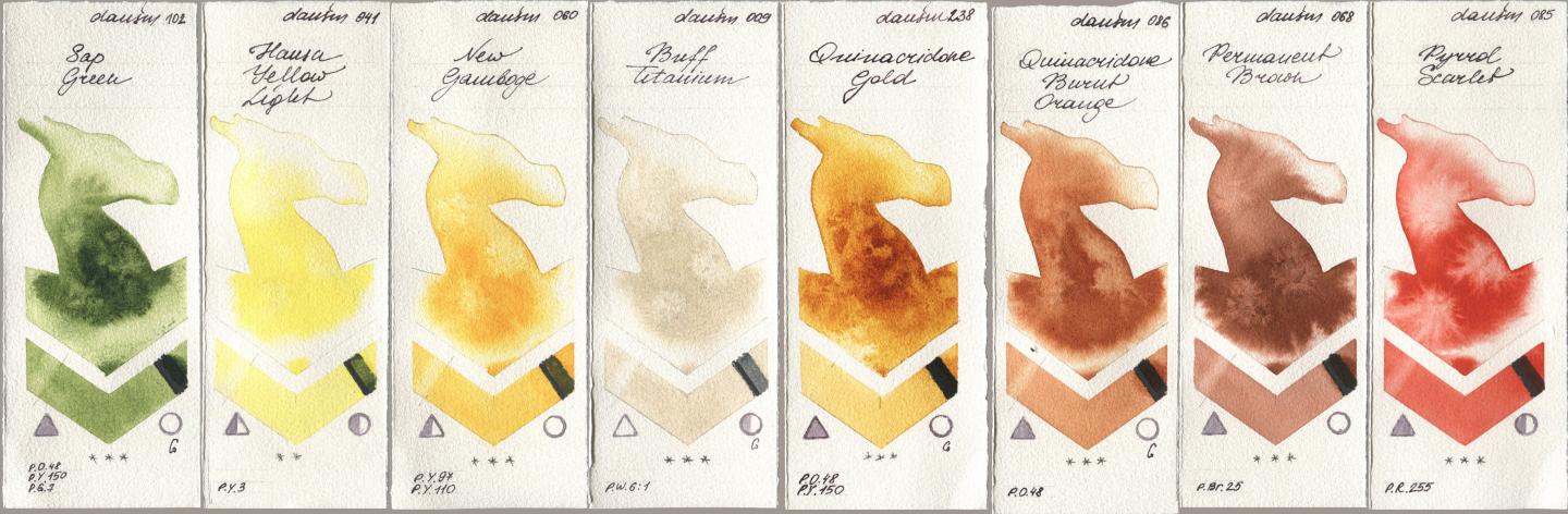 Daniel Smith 102 Sap Green, 041 Hansa Yellow Light, 060 New Gamboge, 009 Buff Titanium, 238 Quinacridone Gold, 086 Quinacridone Burnt Orange, 068 Permanent Brown, 085 Pyrrol Scarl watercolor swatch