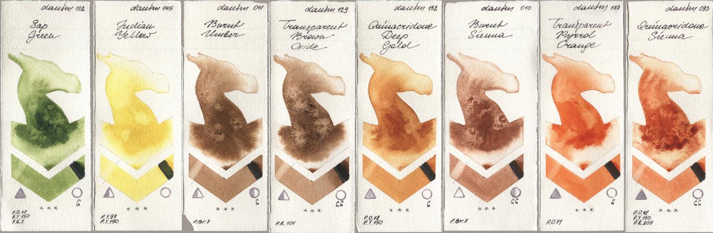 Daniel Smith 102 Sap Green, 045 Indian Yellow, 011 Burnt Umber, 129 Transparent Brown Oxide, 152 Quinacridone Deep Gold, 010 Burnt Sienna, 187 Transparent Pyrrol Orange, 093 Quinacridone Sien watercolor swatch