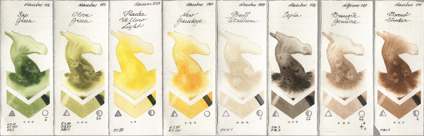 Daniel Smith 102 Sap Green, 063 Olive Green, 039 Hansa Yellow Light, 060 New Gamboge, 009 Buff Titanium, 103 Sepia, 199 Bronzite Genuine, 011 Burnt Umb watercolor swatch
