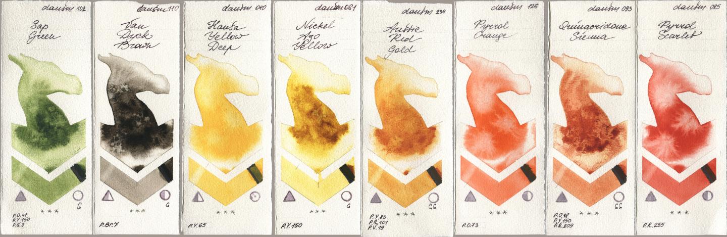 Daniel Smith 102 Sap Green, 110 Van Dyck Brown, 040 Hansa Yellow Deep, 061 Nickel Azo Yellow, 234 Aussie Red Gold, 126 Pyrrol Orange, 093 Quinacridone Sienna, 085 Pyrrol Scarl watercolor swatch