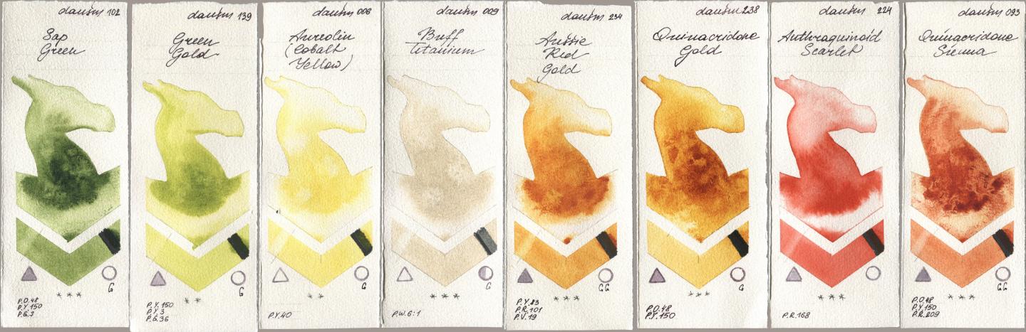 Daniel Smith 102 Sap Green, 139 Green Gold, 006 Aureolin (Cobalt Yellow), 009 Buff Titanium, 234 Aussie Red Gold, 238 Quinacridone Gold, 224 Anthraquinoid Scarlet, 093 Quinacridone Sien watercolor swatch