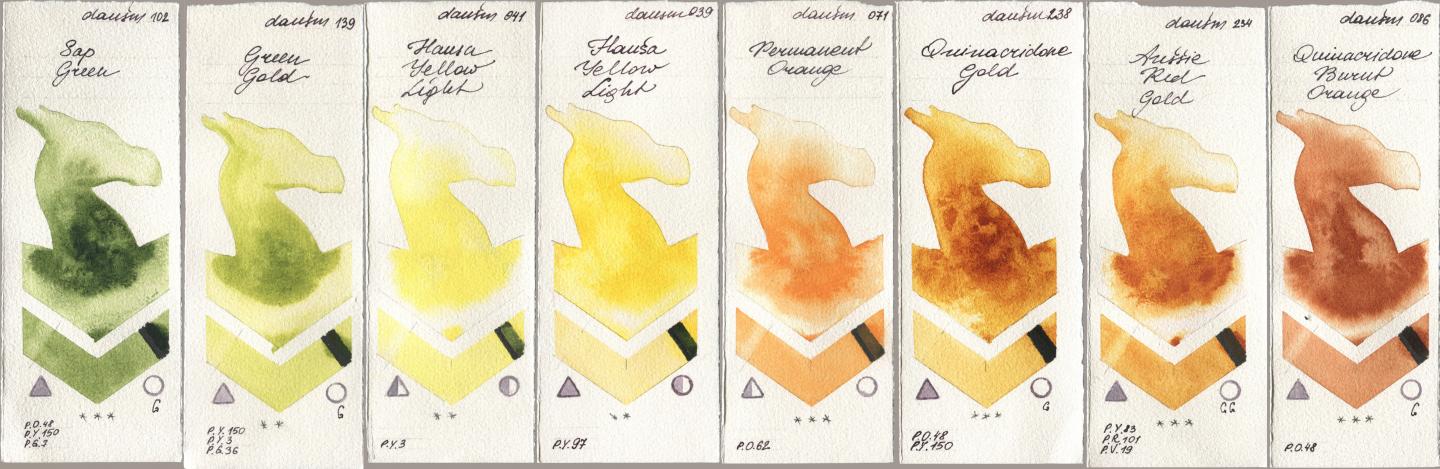 Daniel Smith 102 Sap Green, 139 Green Gold, 041 Hansa Yellow Light, 039 Hansa Yellow Light, 071 Permanent Orange, 238 Quinacridone Gold, 234 Aussie Red Gold, 086 Quinacridone Burnt Oran watercolor swatch