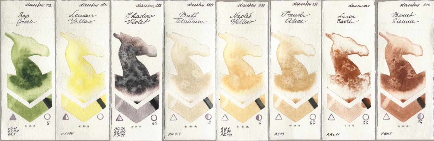 Daniel Smith 102 Sap Green, 165 Lemon Yellow, 188 Shadow Violet, 009 Buff Titanium, 058 Naples Yellow, 134 French Ochre, 050 Lunar Earth, 010 Burnt Sien watercolor swatch