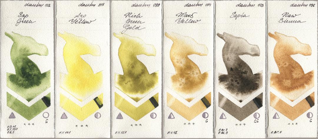 Daniel Smith 102 Sap Green, 215 Azo Yellow, 099 Rich Green Gold, 054 Mars Yellow, 103 Sepia, 096 Raw Sien watercolor swatch