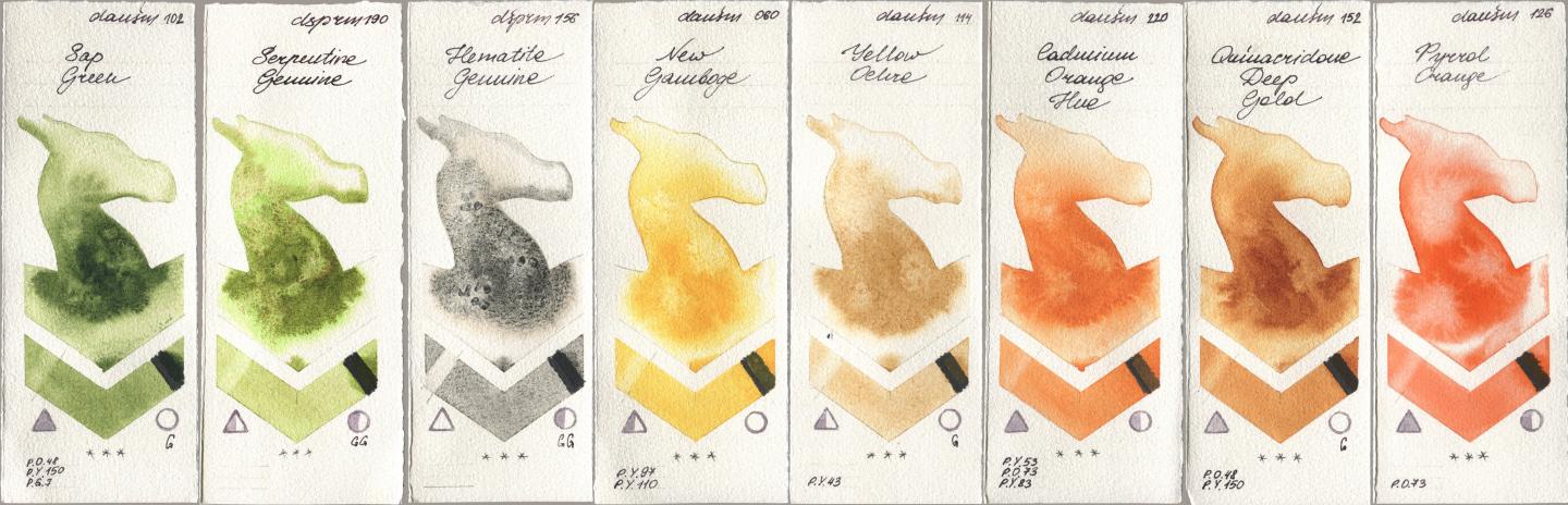 Daniel Smith 102 Sap Green, 190 Serpentine Genuine, 156 Hematite Genuine, 060 New Gamboge, 114 Yellow Ochre, 220 Cadmium Orange Hue, 152 Quinacridone Deep Gold, 126 Pyrrol Oran watercolor swatch