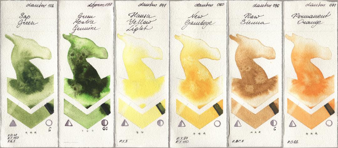 Daniel Smith 102 Sap Green, 197 Green Apatite Genuine, 041 Hansa Yellow Light, 060 New Gamboge, 096 Raw Sienna, 071 Permanent Oran watercolor swatch