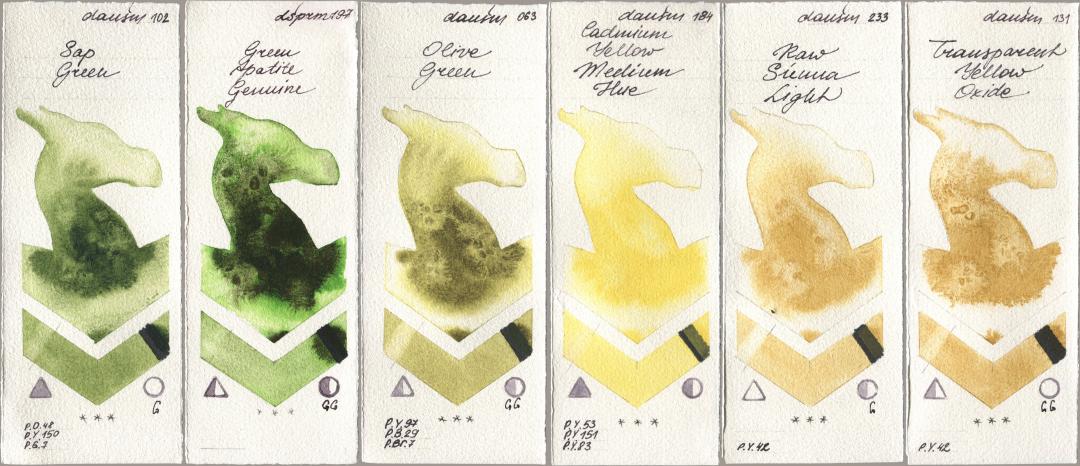 Daniel Smith 102 Sap Green, 197 Green Apatite Genuine, 063 Olive Green, 184 Cadmium Yellow Medium Hue, 233 Raw Sienna Light, 131 Transparent Yellow Oxi watercolor swatch