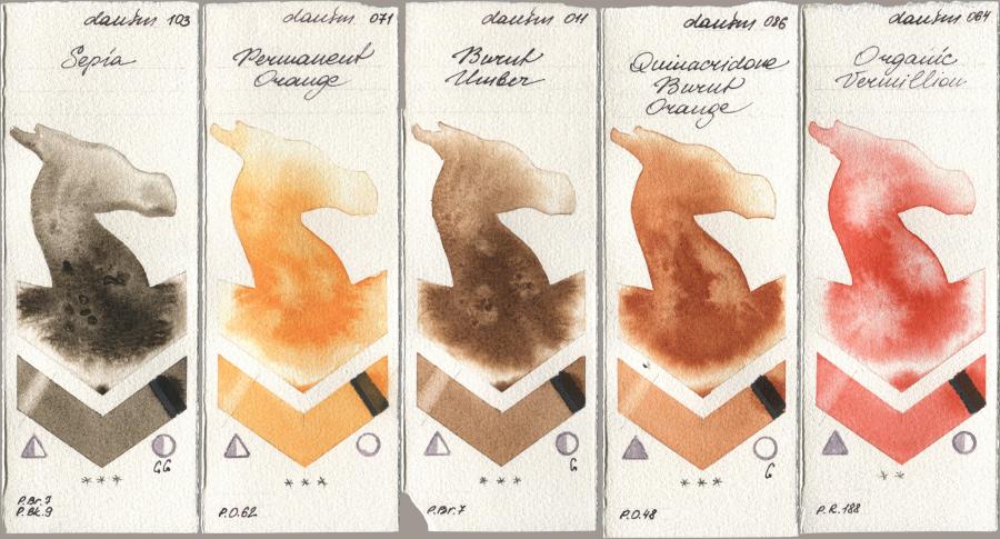 Daniel Smith 103 Sepia, 071 Permanent Orange, 011 Burnt Umber, 086 Quinacridone Burnt Orange, 064 Organic Vermili watercolor swatch