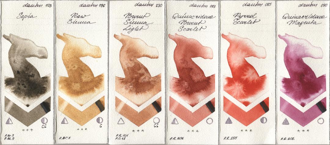 Daniel Smith 103 Sepia, 096 Raw Sienna, 230 Burnt Sienna Light, 087 Quinacridone Burnt Scarlet, 085 Pyrrol Scarlet, 090 Quinacridone Magen watercolor swatch