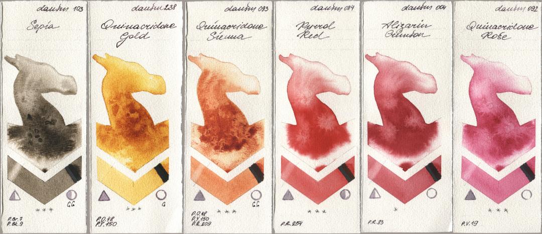 Daniel Smith 103 Sepia, 238 Quinacridone Gold, 093 Quinacridone Sienna, 084 Pyrrol Red, 004 Alizarin Crimson, 092 Quinacridone Ro watercolor swatch