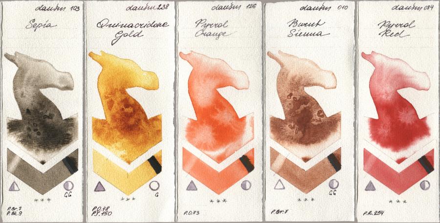 Daniel Smith 103 Sepia, 238 Quinacridone Gold, 126 Pyrrol Orange, 010 Burnt Sienna, 084 Pyrrol R watercolor swatch