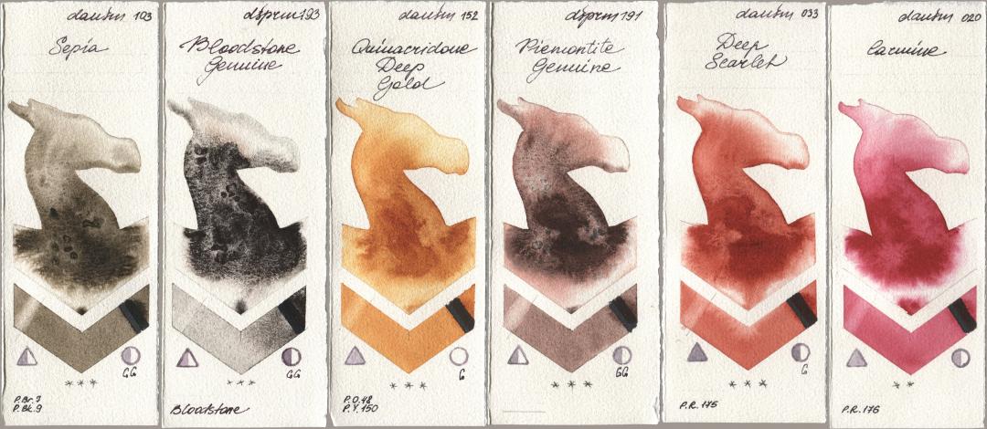 Daniel Smith 103 Sepia, 193 Bloodstone Genuine, 152 Quinacridone Deep Gold, 191 Piemontite Genuine, 033 Deep Scarlet, 020 Carmi watercolor swatch