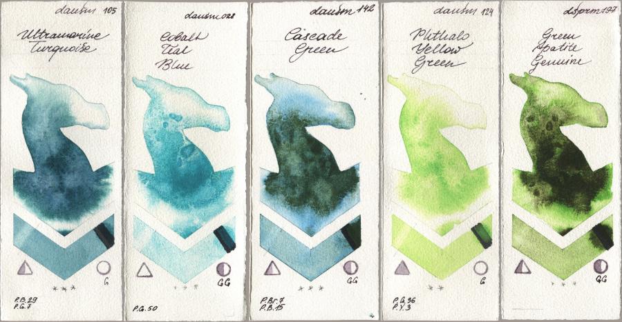 Daniel Smith 105 Ultramarine Turquoise, 028 Cobalt Teal Blue, 142 Cascade Green, 124 Phthalo Yellow Green, 197 Green Apatite Genui watercolor swatch