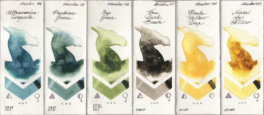Daniel Smith 105 Ultramarine Turquoise, 128 Prussian Green, 102 Sap Green, 110 Van Dyck Brown, 040 Hansa Yellow Deep, 061 Nickel Azo Yell watercolor swatch