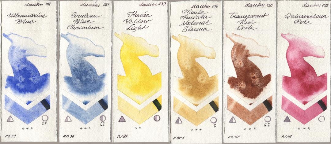 Daniel Smith 106 Ultramarine Blue, 021 Cerulean Blue Chromium, 039 Hansa Yellow Light, 056 Monte Amiata Natural Sienna, 130 Transparent Red Oxide, 092 Quinacridone Ro watercolor swatch