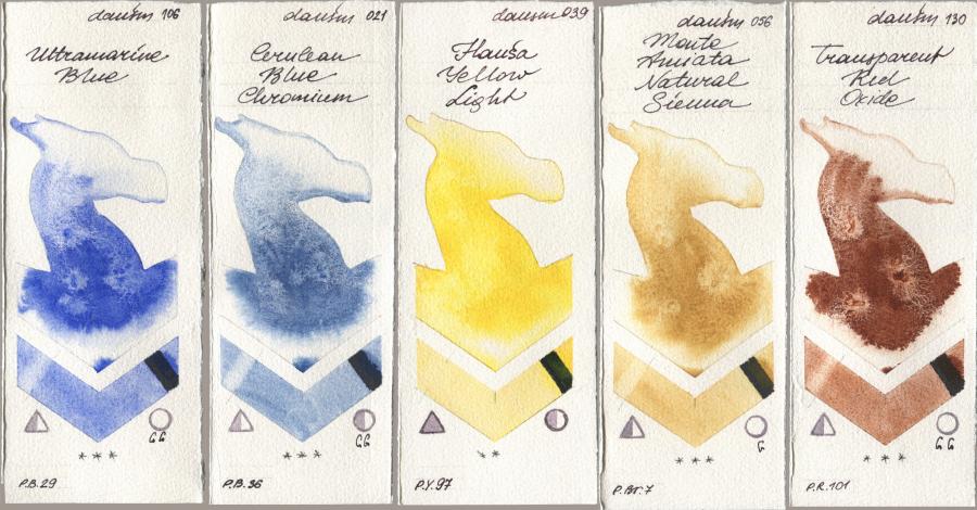 Daniel Smith 106 Ultramarine Blue, 021 Cerulean Blue Chromium, 039 Hansa Yellow Light, 056 Monte Amiata Natural Sienna, 130 Transparent Red Oxi watercolor swatch
