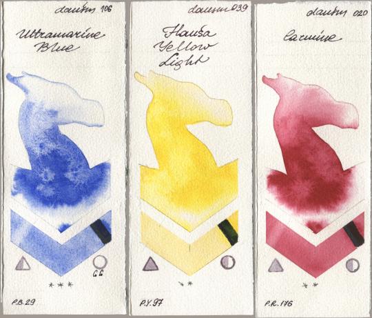 Daniel Smith 106 Ultramarine Blue, 039 Hansa Yellow Light, 020 Carmi watercolor swatch