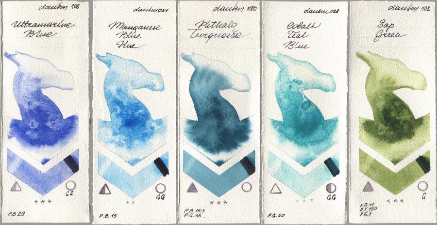 Daniel Smith 106 Ultramarine Blue, 051 Manganese Blue Hue, 080 Phthalo Turquoise, 028 Cobalt Teal Blue, 102 Sap Gre watercolor swatch