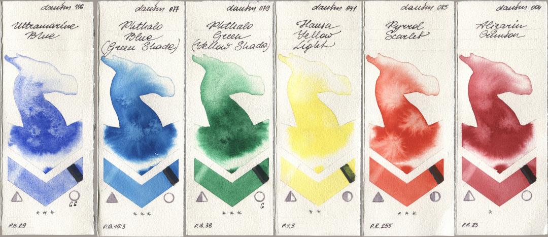 Daniel Smith 106 Ultramarine Blue, 077 Phthalo Blue (Green Shade), 079 Phthalo Green (Yellow Shade), 041 Hansa Yellow Light, 085 Pyrrol Scarlet, 004 Alizarin Crims watercolor swatch