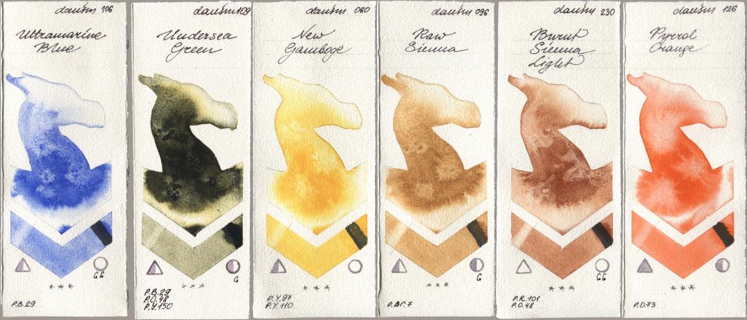 Daniel Smith 106 Ultramarine Blue, 109 Undersea Green, 060 New Gamboge, 096 Raw Sienna, 230 Burnt Sienna Light, 126 Pyrrol Oran watercolor swatch