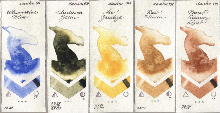 Daniel Smith 106 Ultramarine Blue, 109 Undersea Green, 060 New Gamboge, 096 Raw Sienna, 230 Burnt Sienna Lig watercolor swatch