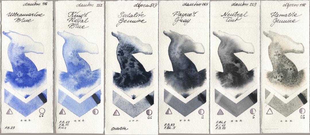 Daniel Smith 106 Ultramarine Blue, 252 King’s Royal Blue, 179 Sodalite Genuine, 065 Paynes Gray, 229 Neutral Tint, 156 Hematite Genui watercolor swatch