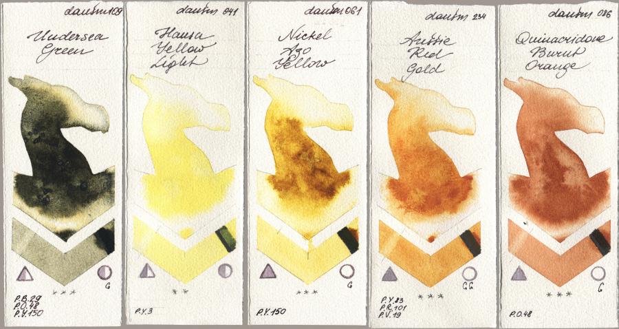 Daniel Smith 109 Undersea Green, 041 Hansa Yellow Light, 061 Nickel Azo Yellow, 234 Aussie Red Gold, 086 Quinacridone Burnt Oran watercolor swatch