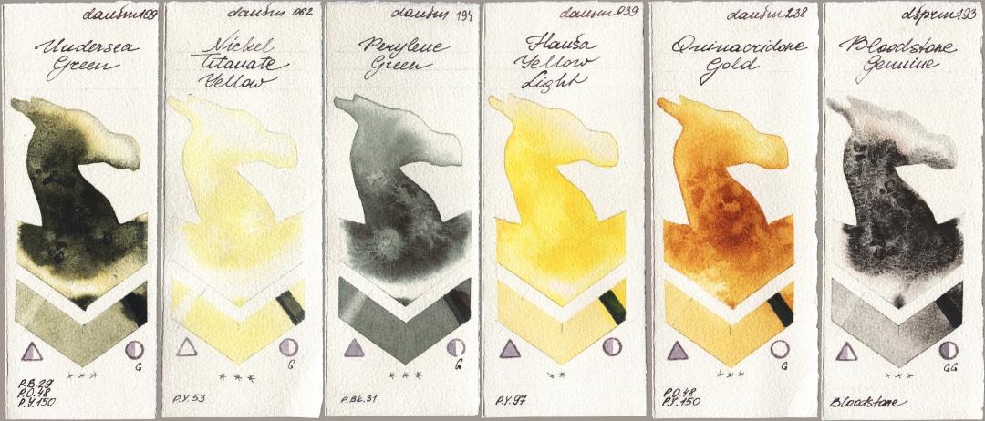 Daniel Smith 109 Undersea Green, 062 Nickel Titanate Yellow, 194 Perylene Green, 039 Hansa Yellow Light, 238 Quinacridone Gold, 193 Bloodstone Genui watercolor swatch