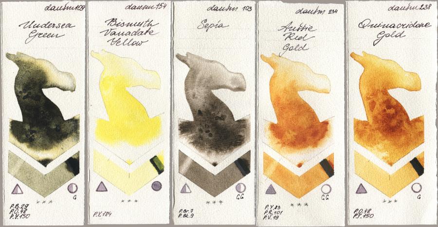 Daniel Smith 109 Undersea Green, 154 Bismuth Vanadate Yellow, 103 Sepia, 234 Aussie Red Gold, 238 Quinacridone Go watercolor swatch