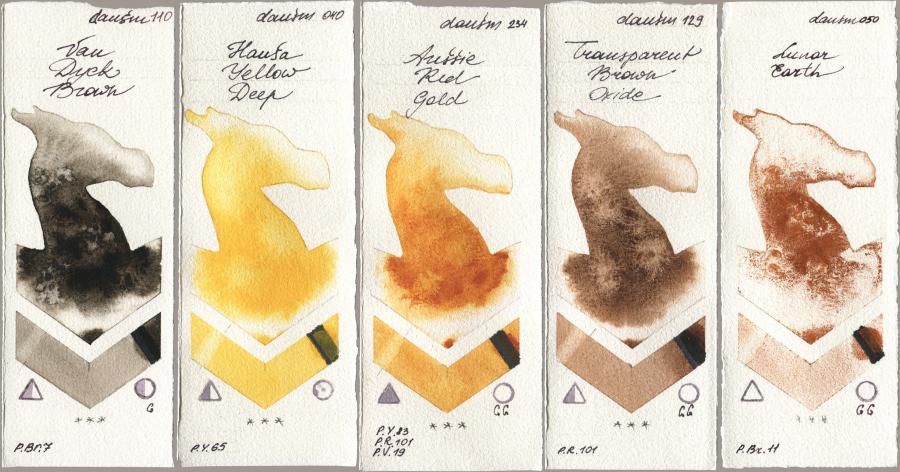 Daniel Smith 110 Van Dyck Brown, 040 Hansa Yellow Deep, 234 Aussie Red Gold, 129 Transparent Brown Oxide, 050 Lunar Ear watercolor swatch