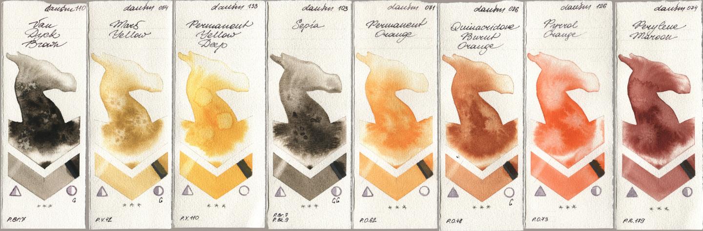 Daniel Smith 110 Van Dyck Brown, 054 Mars Yellow, 133 Permanent Yellow Deep, 103 Sepia, 071 Permanent Orange, 086 Quinacridone Burnt Orange, 126 Pyrrol Orange, 074 Perylene Maro watercolor swatch