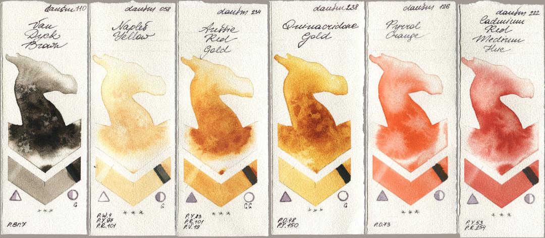 Daniel Smith 110 Van Dyck Brown, 058 Naples Yellow, 234 Aussie Red Gold, 238 Quinacridone Gold, 126 Pyrrol Orange, 222 Cadmium Red Medium H watercolor swatch