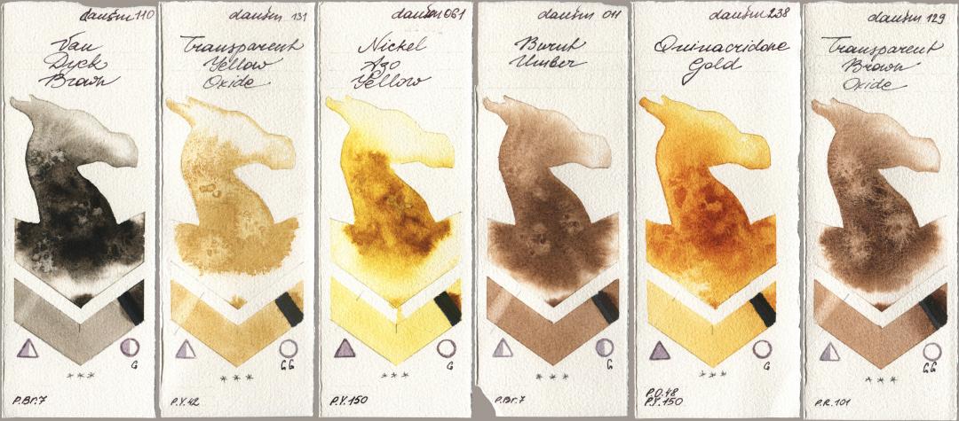 Daniel Smith 110 Van Dyck Brown, 131 Transparent Yellow Oxide, 061 Nickel Azo Yellow, 011 Burnt Umber, 238 Quinacridone Gold, 129 Transparent Brown Oxi watercolor swatch