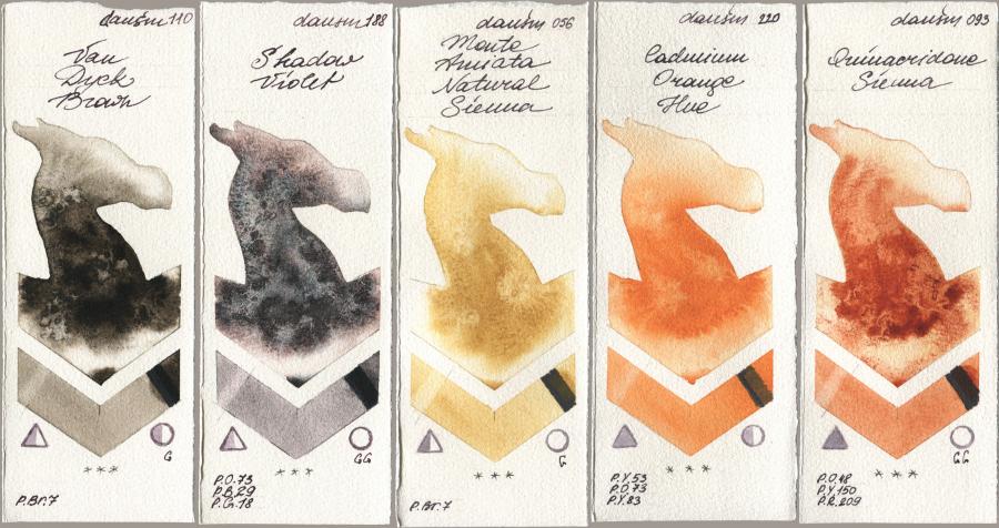 Daniel Smith 110 Van Dyck Brown, 188 Shadow Violet, 056 Monte Amiata Natural Sienna, 220 Cadmium Orange Hue, 093 Quinacridone Sien watercolor swatch