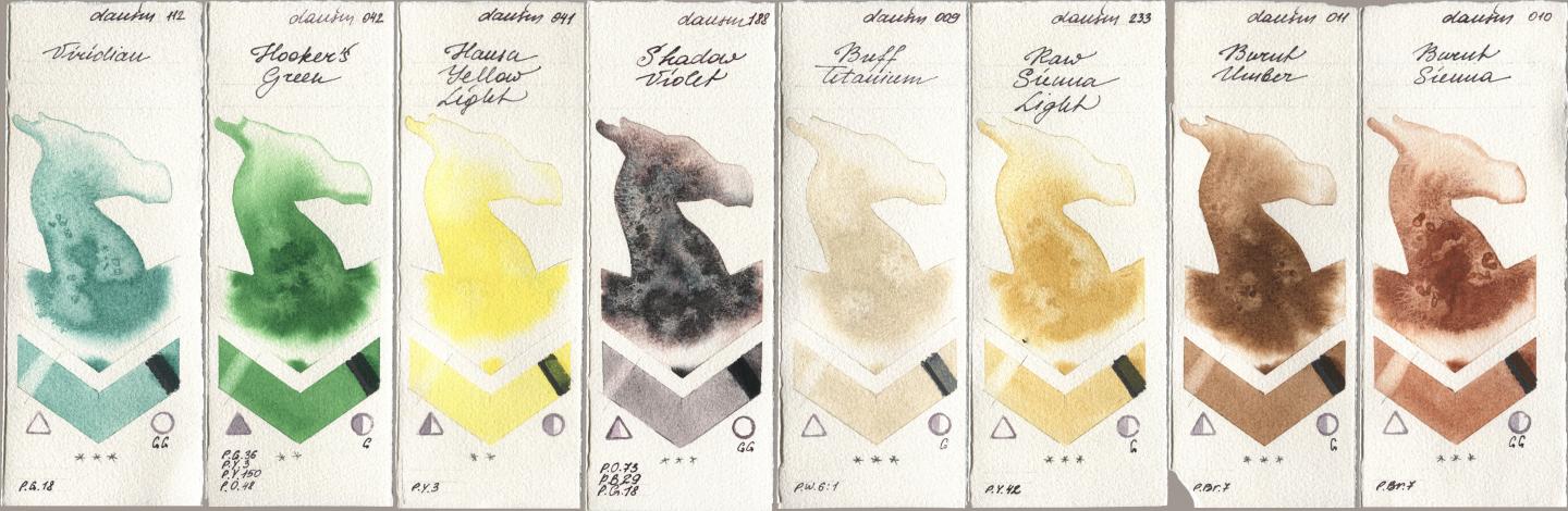 Daniel Smith 112 Viridian, 042 Hookers Green, 041 Hansa Yellow Light, 188 Shadow Violet, 009 Buff Titanium, 233 Raw Sienna Light, 011 Burnt Umber, 010 Burnt Sien watercolor swatch