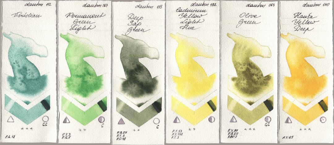 Daniel Smith 112 Viridian, 067 Permanent Green Light, 175 Deep Sap Green, 192 Cadmium Yellow Light Hue, 063 Olive Green, 040 Hansa Yellow De watercolor swatch