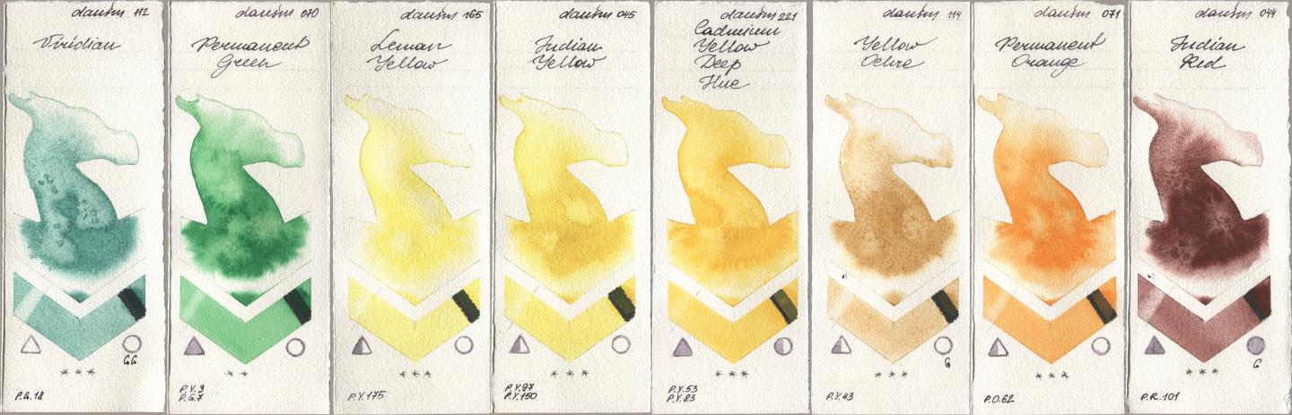 Daniel Smith 112 Viridian, 070 Permanent Green, 165 Lemon Yellow, 045 Indian Yellow, 221 Cadmium Yellow Deep Hue, 114 Yellow Ochre, 071 Permanent Orange, 044 Indian R watercolor swatch