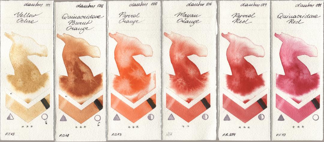 Daniel Smith 114 Yellow Ochre, 086 Quinacridone Burnt Orange, 126 Pyrrol Orange, 216 Mayan Orange, 084 Pyrrol Red, 091 Quinacridone R watercolor swatch