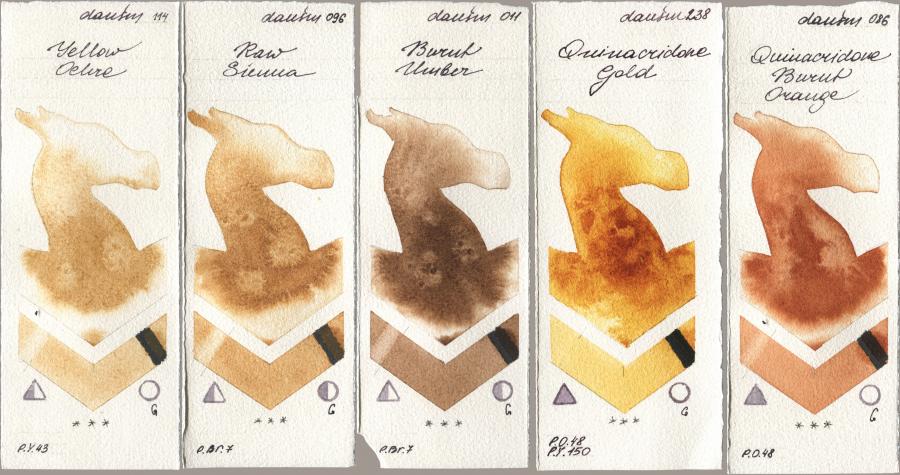 Daniel Smith 114 Yellow Ochre, 096 Raw Sienna, 011 Burnt Umber, 238 Quinacridone Gold, 086 Quinacridone Burnt Oran watercolor swatch