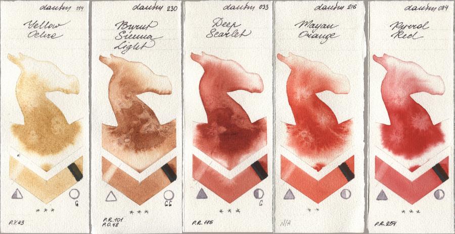 Daniel Smith 114 Yellow Ochre, 230 Burnt Sienna Light, 033 Deep Scarlet, 216 Mayan Orange, 084 Pyrrol R watercolor swatch